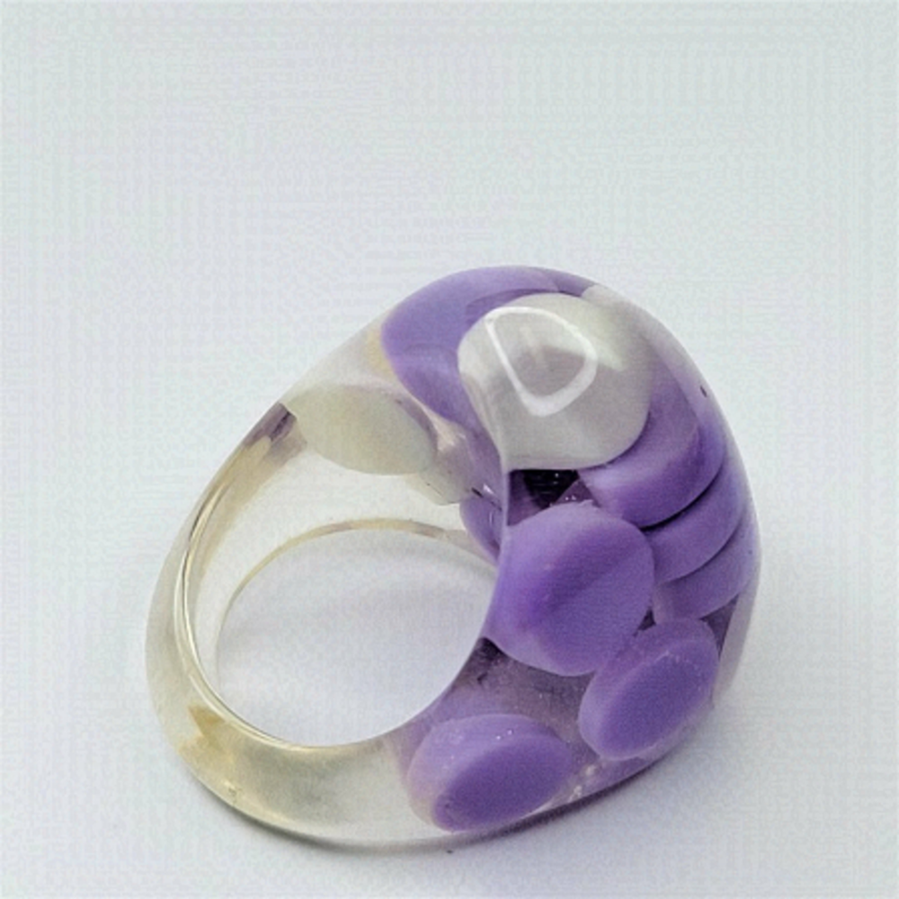 Chunky Oval Shape Resin Ring With Purple and White Pill Beads Lucite Large Ring